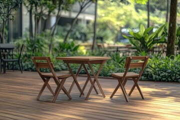 Wooden furniture in park with green plants. Leisure and holiday.
