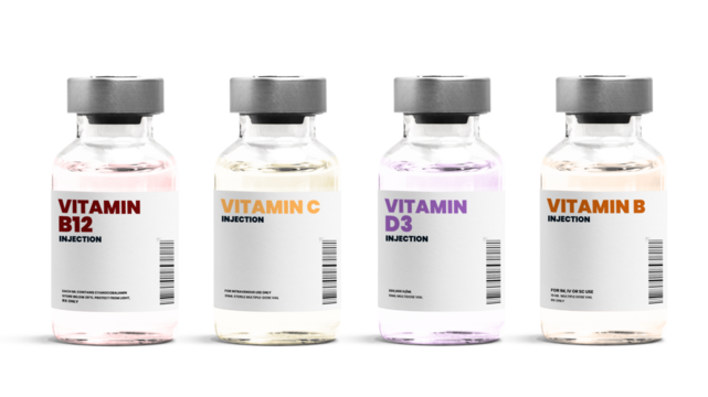 Vitamin injection glass bottle vials png with label mockups