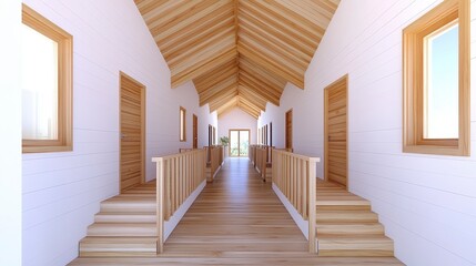 A bright, wooden corridor with a high ceiling, featuring multiple doors and windows, creating a spacious and inviting atmosphere.