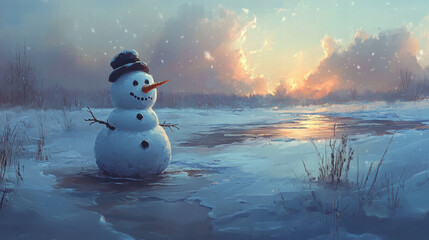 Fototapeta premium Solitary Snowman at Sunset Winter Landscape with Frozen River