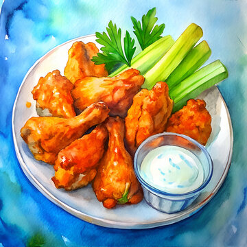 Watercolor Painting of Crispy Chicken Wings with Celery and Ranch Dressing