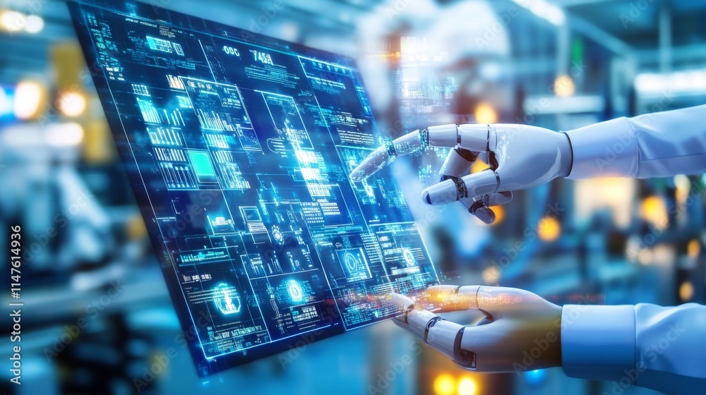 Poster robotic hand interacting with digital interface technology lab data visualization industrial environ