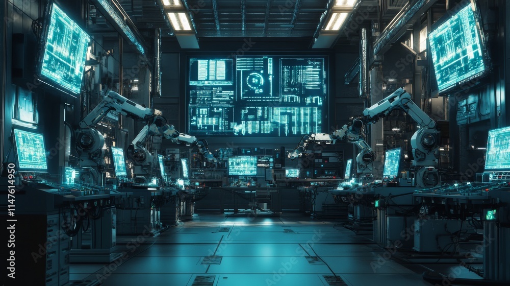 Poster advanced robotics in high-tech laboratory urban setting digital innovation controlled environment fu