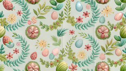 Floral Easter Pattern with Eggs and Leaves