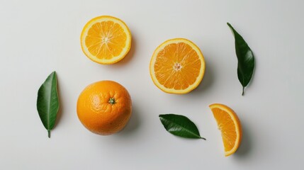 Whole, sliced oranges and leaves on white.