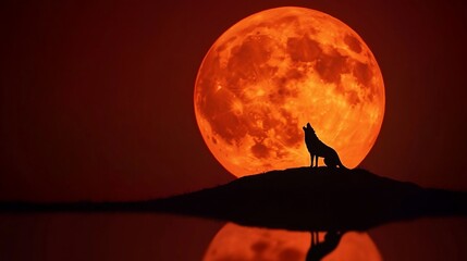 Wolf howling against a large orange moon backdrop.