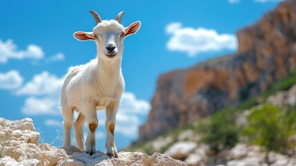 Fototapeta premium Adorable white baby goat standing on rocks against a sunny blue sky and mountain background.