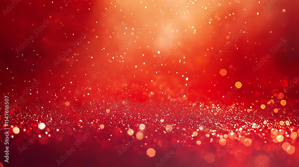Poster abstract red background with gold particles and waves.a vibrant red background is adorned with flowi