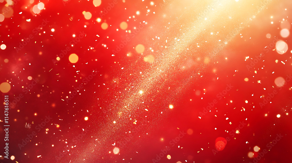 Poster abstract red background with gold particles and waves.a vibrant red background is adorned with flowi