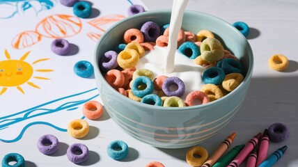 Bowl of Colorful Cereal on Doodled Background with Fun Shapes