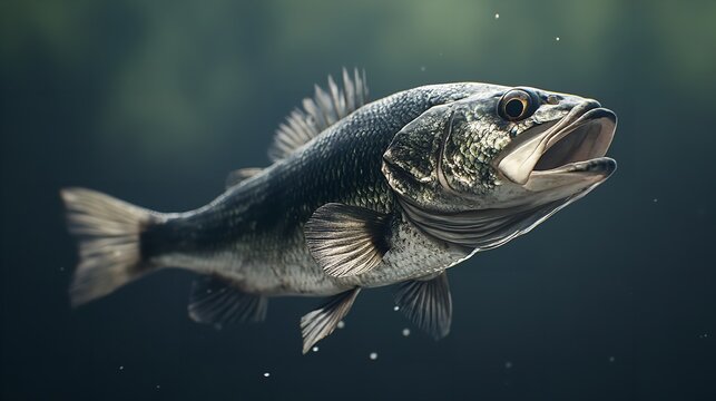 Grey Mullet fish Mugil cephalus swimming gracefully against a dark background showcasing its sleek body and distinctive features.