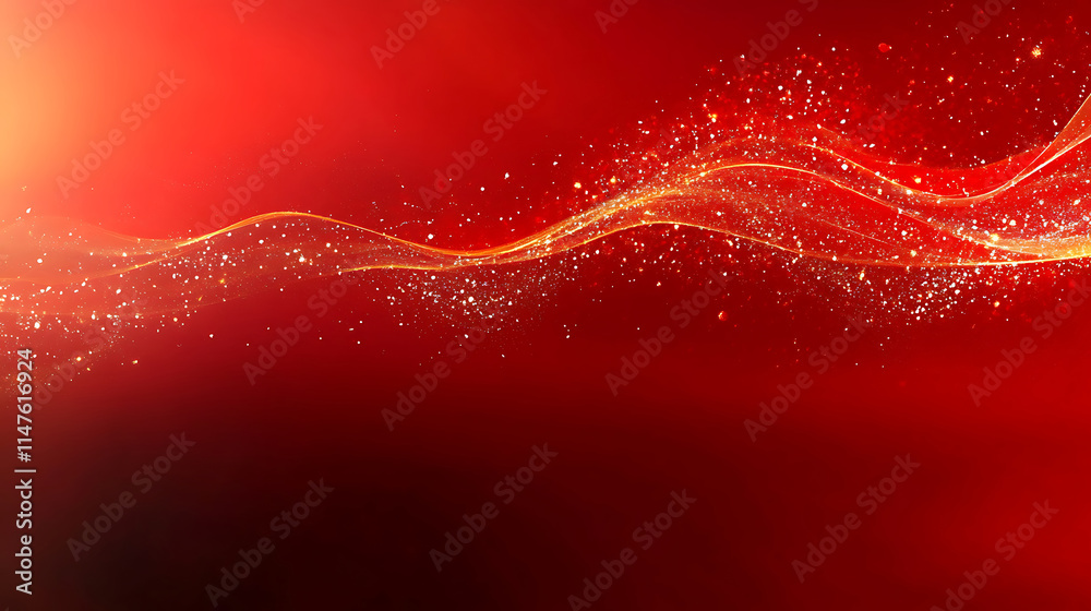Poster abstract red background with gold particles and waves.a vibrant red background is adorned with flowi