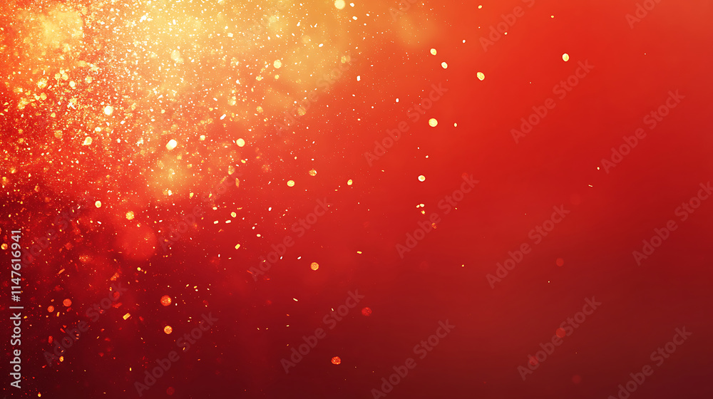 Poster abstract red background with gold particles and waves.a vibrant red background is adorned with flowi