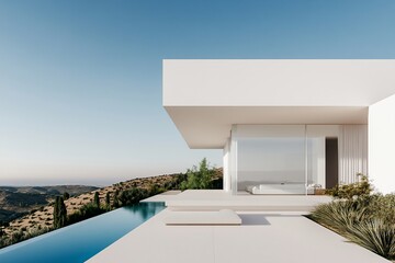Modern villa with infinity pool overlooking a landscape.