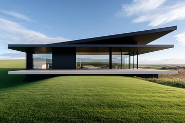 Obraz premium Modern house with sleek design in a grassy landscape.