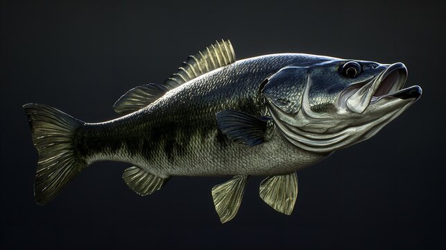 Grey Mullet fish Mugil cephalus swimming gracefully against a dark background showcasing its sleek body and distinctive features.