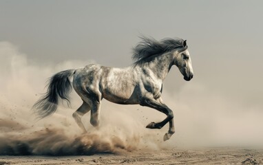 Gray horse gallops through dusty terrain, mane flying.