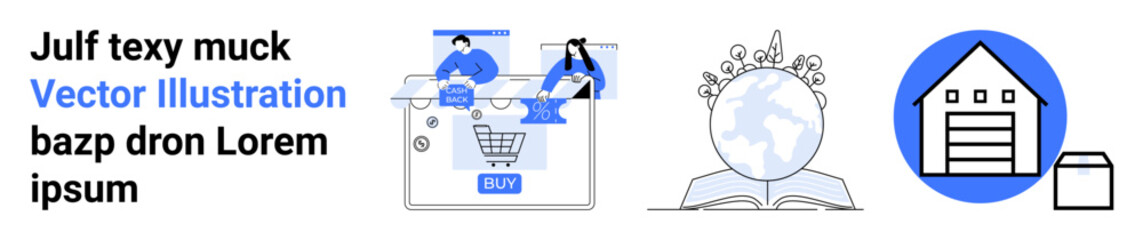 Online shopping on laptop, a book with global insights emerging, and storage structure in circular design. Ideal for digital commerce, global education, logistics, e-learning, warehousing