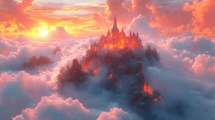 Sunset castle atop cloud-shrouded mountain peak.