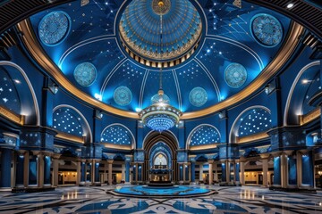 Obraz premium Luxurious blue domed hall interior with intricate design, chandelier, and polished floor.