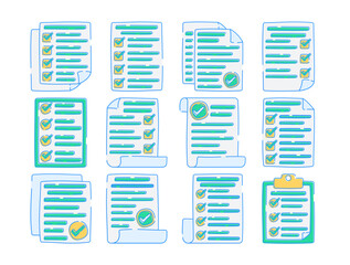 Set of complete task icons featuring documents with checkmarks, representing completion, approval, and organization. Ideal for productivity, planning, or checklist-themed designs.