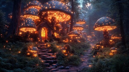 Enchanted forest home, glowing mushrooms, stone path.