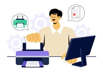 Printer Service Vector Illustration Featuring the Production Process at a Printing House and Machines Operating Large File Printers in a Background