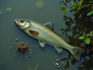 Fototapeta premium A dead fish floating in murky water.