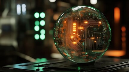 Transparent globe with intricate circuits and data nodes glowing inside, sci-fi theme 