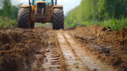 flat surface of the site from the earth for construction close-up. behind the tractor for clearing the territory.	