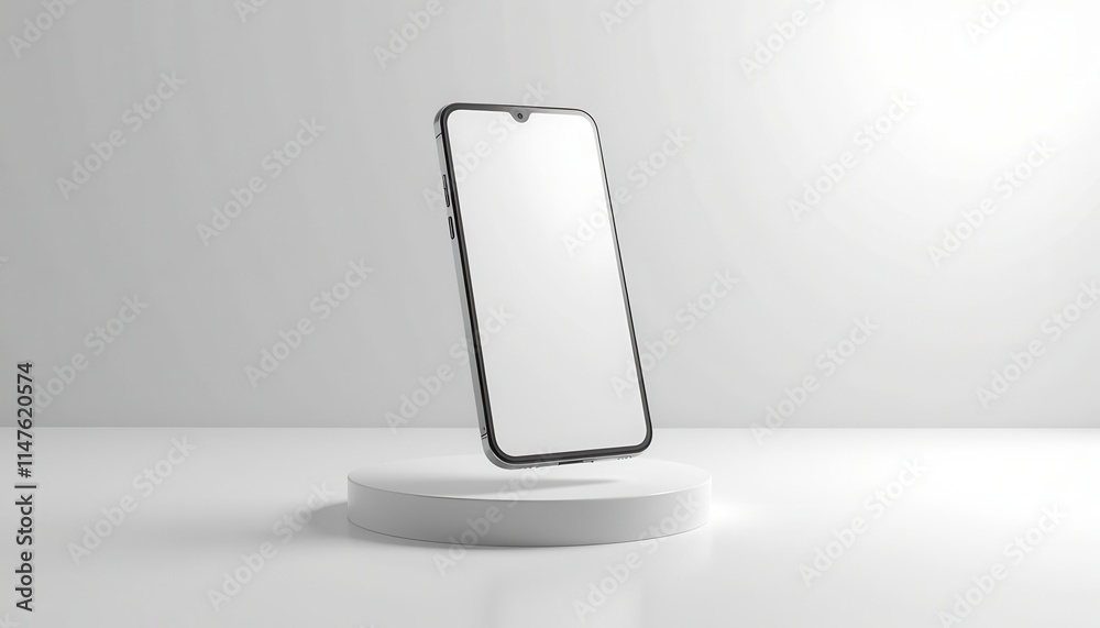 Fototapete a sleek smartphone with a blank screen is floating above a white circular platform in a minimalistic