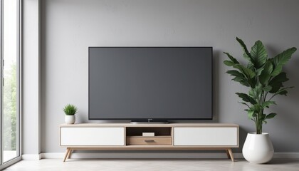 A modern living room setup featuring a large curved TV on a sleek wooden TV stand with white drawers. The scene includes a small potted plant on the left and a large potted plant on the right, with a 