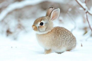 Fototapeta premium Side view of a cute little rabbit standing on white background There are baskets and Easter eggs. A cute action of a beautiful rabbit in a bright natural life. Easter Bunny Animal Concept 