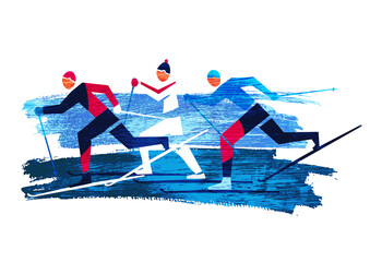 

Cross Country Skiers.
A stylized drawing of three cross-country ski competitors.
