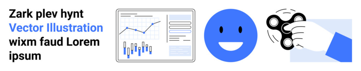 Chart with graphical data, happy face in blue circle, hand holding fidget spinner. Ideal for business analytics, data visualization, emotion expression, stress relief, productivity tools, focus