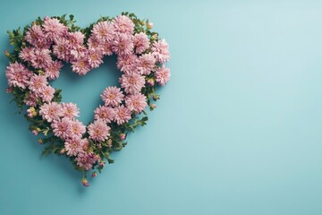 Sophisticated Mother's Day scene from top view, displaying fresh blooming chrysanthemums within a heart-shaped frame on a soft blue background, space for custom messages 