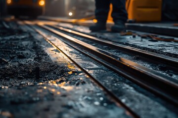 Close up of tram tracks being installed
