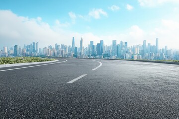 Fototapeta premium Empty Urban Road Curving Towards Modern Skyline