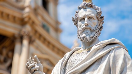 Obraz premium Close-up of a majestic king statue, adorned with a crown and robes, set against a grand architectural backdrop.