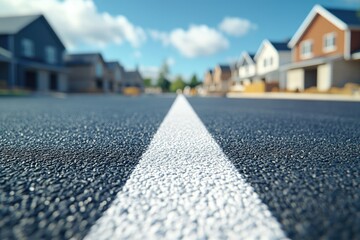Suburban road with white line  new suburb and construction sites