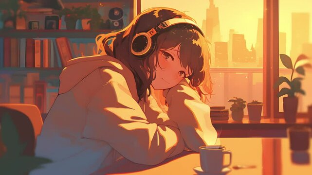 Anime girl listening to lofi music relaxed in a cozy environment with headphones.. Anime loop