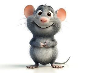 Adorable cartoon mouse, gray fur, pink ears, smiling, standing.