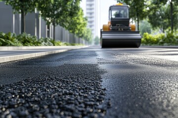 Fototapeta premium Street and sidewalk are paved asphalt spreader in use