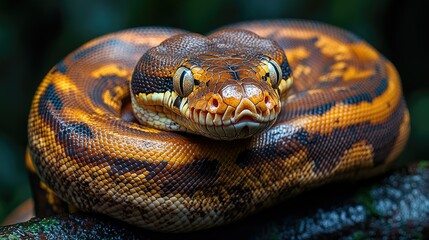 Close-up of a coiled ball python, showcasing its intricate scales and captivating gaze.