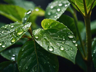 Fototapeta premium A close-up of fresh green leaves with water droplets, representing eco-friendly and sustainable themes