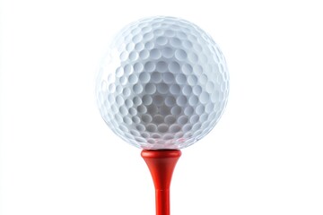 Close-up of a golf ball on a tee against a white background.
