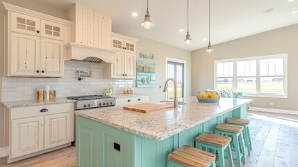 Bright kitchen with island, granite countertops, and farmhouse cabinets.