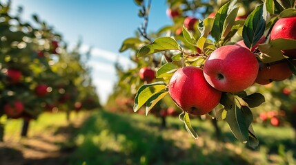Ripe red apples on tree branches in orchard, sunny day.