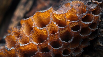 Close-up of honeycomb structure, showing intricate details and texture.