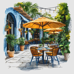 Fototapeta premium Charming Open Air Dining on a Cozy Patio with Tables and Chairs Surrounded by Lush Greenery, Perfect for Summer Gatherings and Al Fresco Meals in a Relaxing Atmosphere